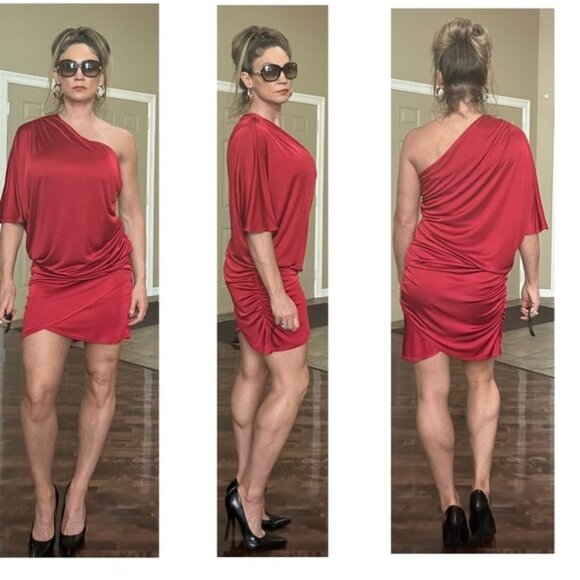 Le Chateau red one shoulder draped ruched web sleeve mini cocktail dress M - Picture 3 of 15